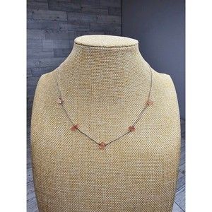 Silver Necklace with pink stone chips (Pink Quartz possibly) Barrel Closure 17"L